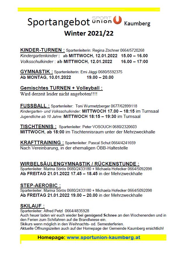 Sportangebot Sportunion Kaumberg Winter 2021/22